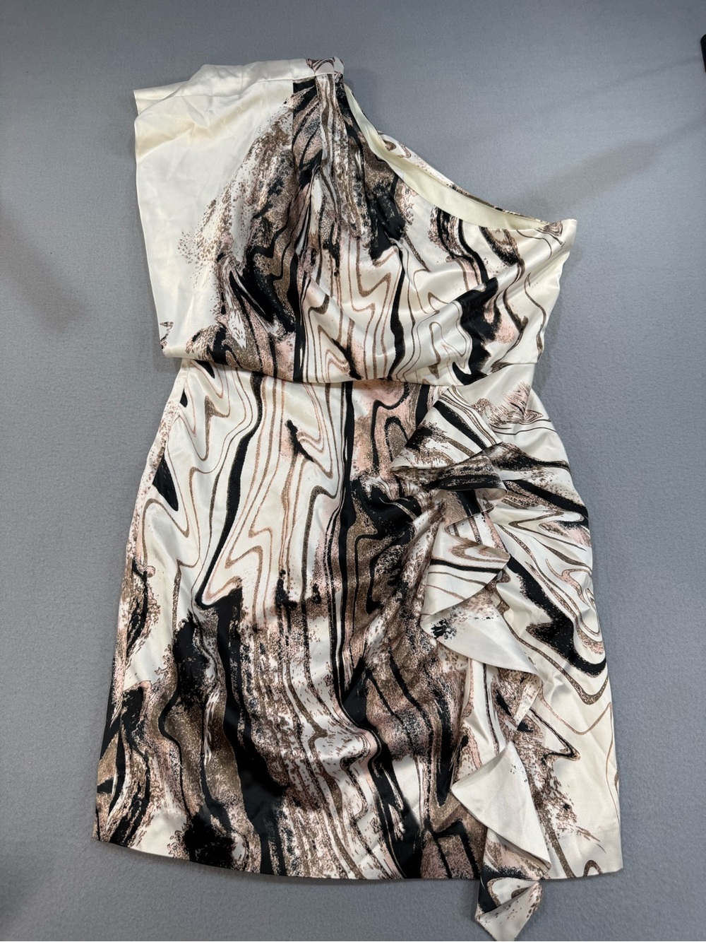 Jessica Simpson One-Shoulder Marble-Print Dress in Cream, Black, Brown